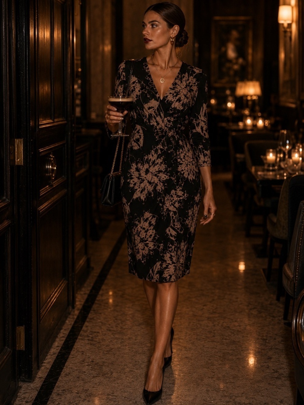 Jones Wear Floral Midi Dress Black Brown Career Casual Elegant